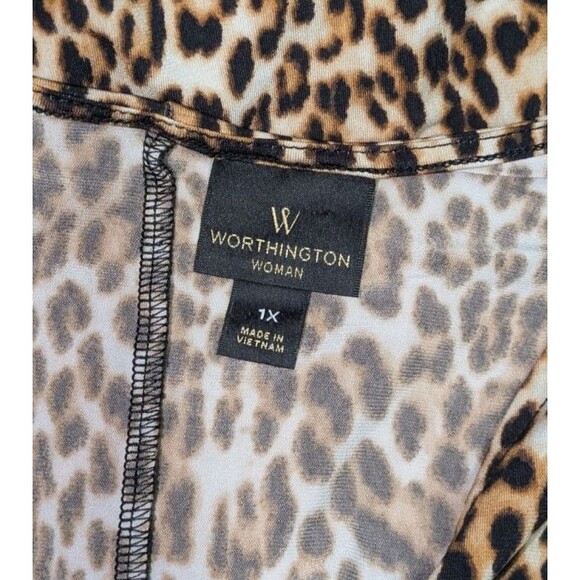 Worthington Blouse 1X Women's Brown Leopard Print Vneck Knot Tie Hem 3/4 Sleeve - Picture 7 of 8